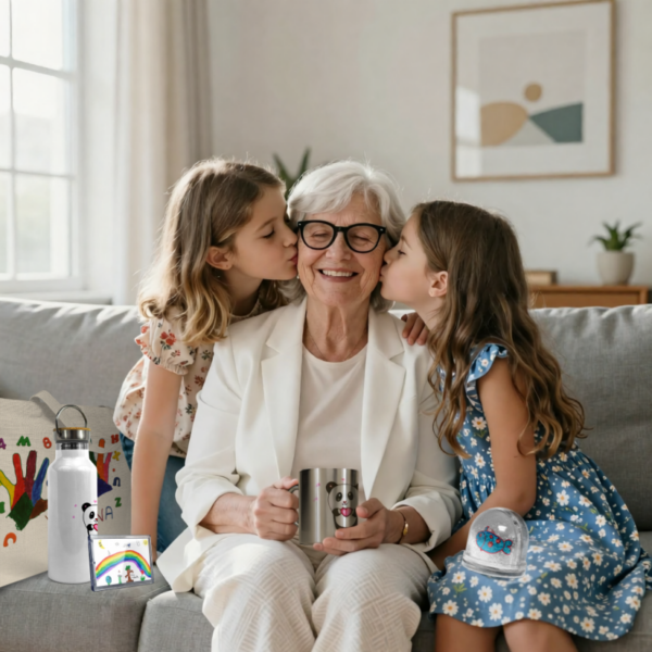 Enfants qui offrent des objets personnalisés à leur grand-mère