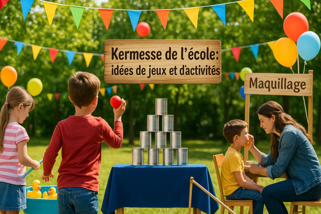 une kermesse scolaire avec un stand de maquillage, un chamboule tout et une pêche aux canards