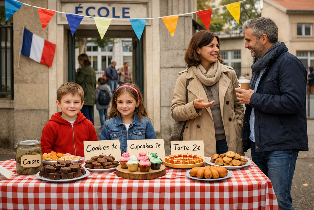 stand de gateaux devant une école